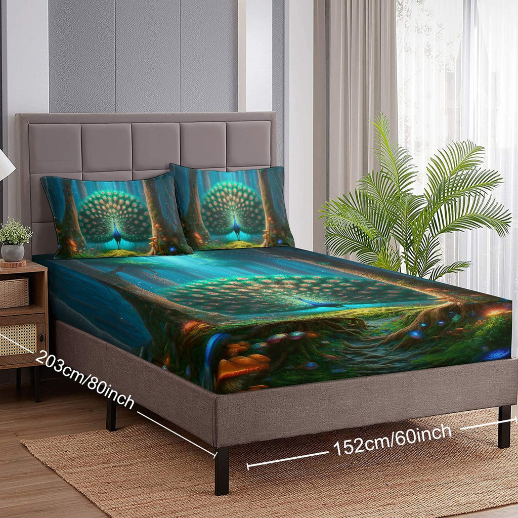 Parure de draps imprimée Paon Vert forêt mystique, drap - housse profond, déco chambre, motif champignons colorés, 3 pièces - IVOIRART.COM