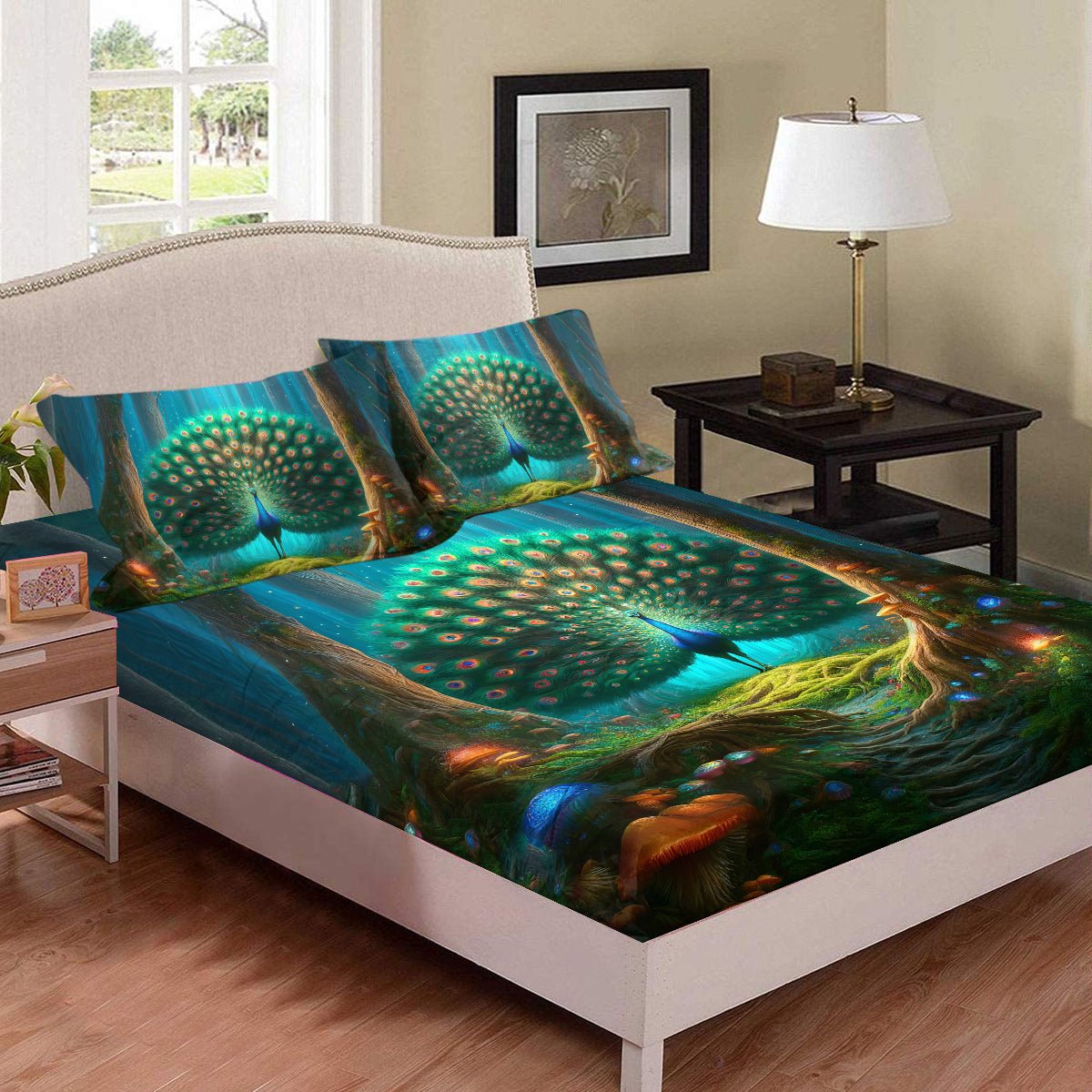Parure de draps imprimée Paon Vert forêt mystique, drap - housse profond, déco chambre, motif champignons colorés, 3 pièces - IVOIRART.COM