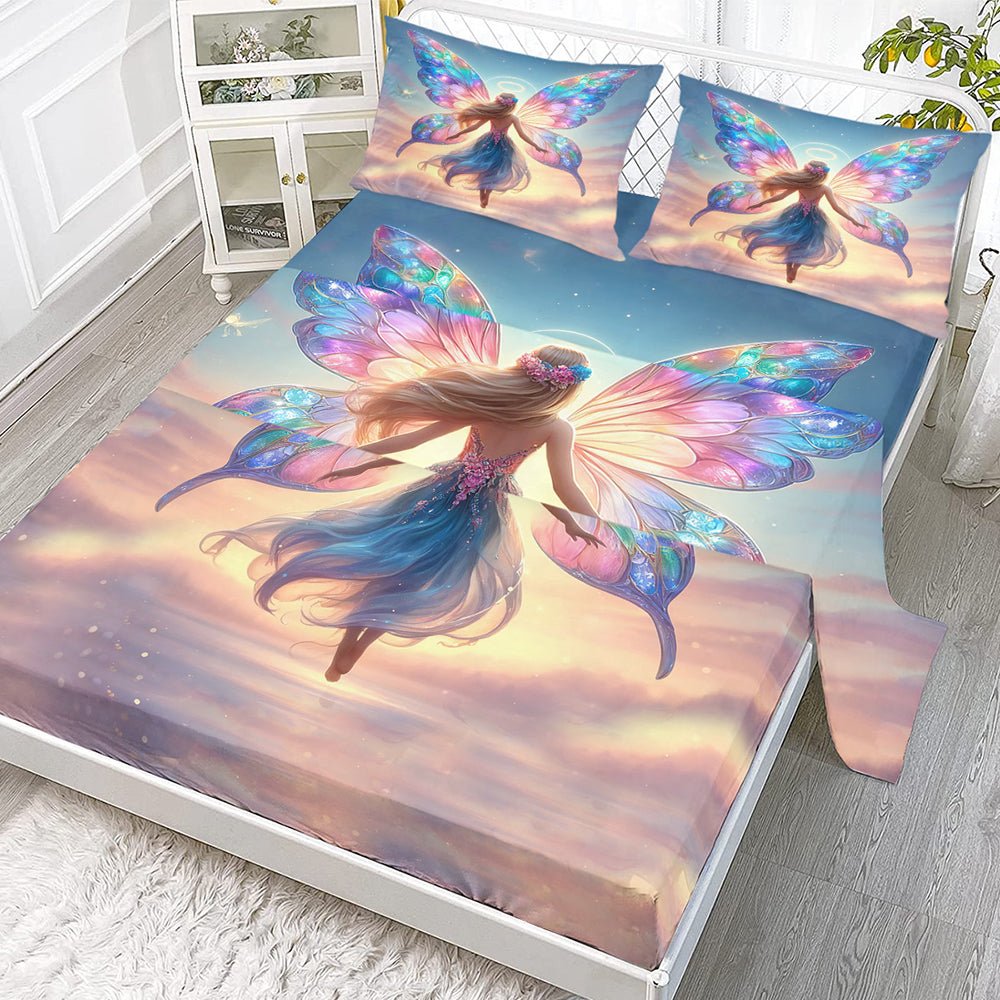 Parure de draps plates Rainbow Girly 4 pièces, ensemble lit papillon avec 1 drap - housse 1 drap plat 2 taies d'oreiller, motif arc - en - ciel - IVOIRART.COM