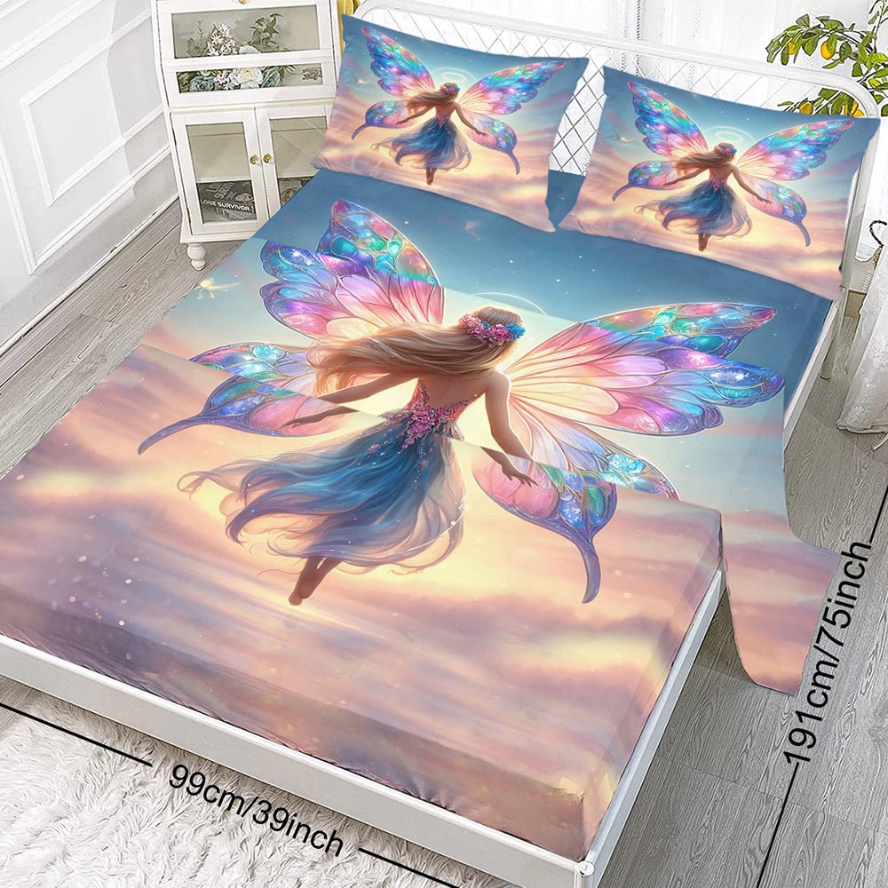 Parure de draps plates Rainbow Girly 4 pièces, ensemble lit papillon avec 1 drap - housse 1 drap plat 2 taies d'oreiller, motif arc - en - ciel - IVOIRART.COM