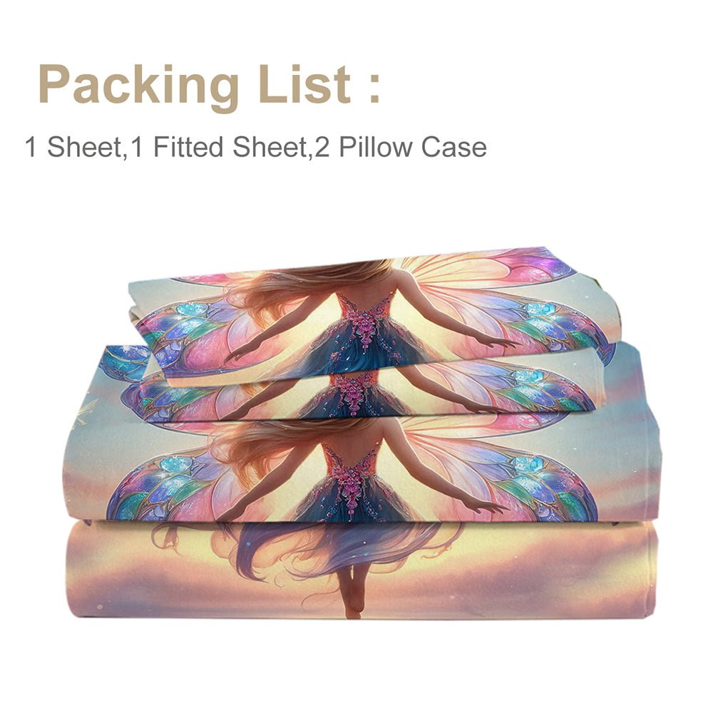 Parure de draps plates Rainbow Girly 4 pièces, ensemble lit papillon avec 1 drap - housse 1 drap plat 2 taies d'oreiller, motif arc - en - ciel - IVOIRART.COM