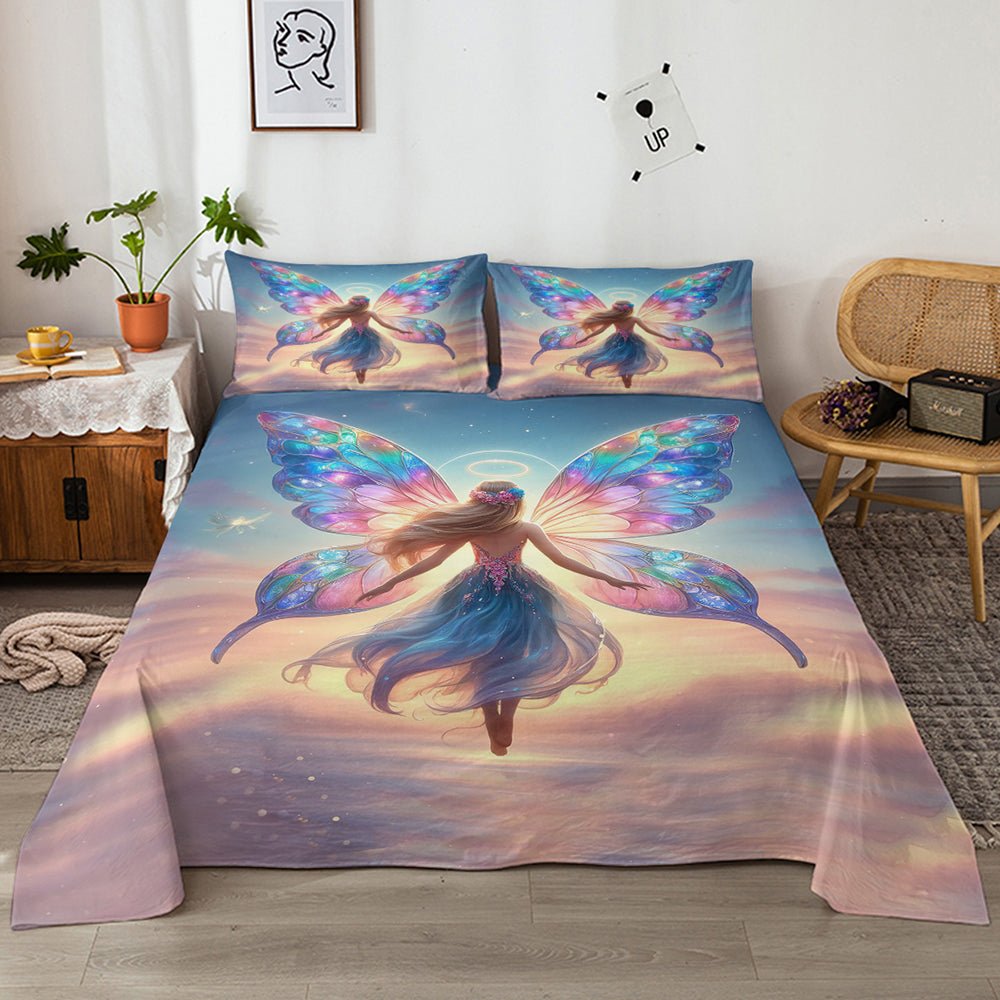 Parure de draps plates Rainbow Girly 4 pièces, ensemble lit papillon avec 1 drap - housse 1 drap plat 2 taies d'oreiller, motif arc - en - ciel - IVOIRART.COM