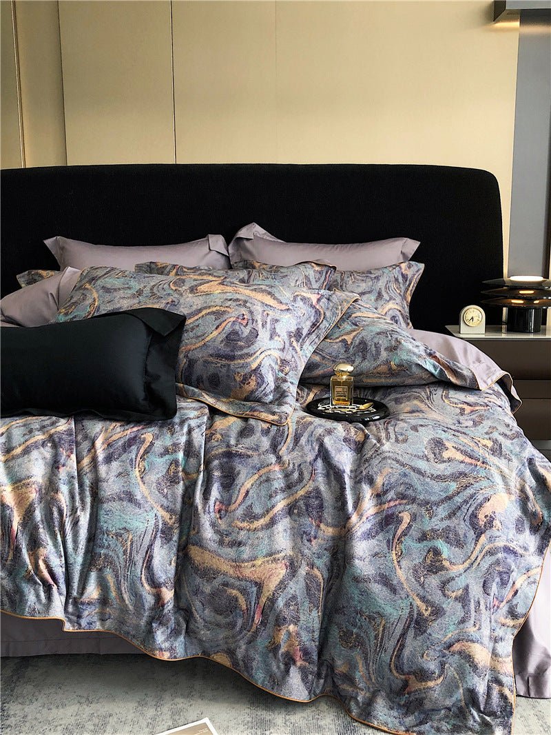Parure de lit 4 pièces coton fibres longues imprimée - housse 200x230/220x240cm. - IVOIRART.COM