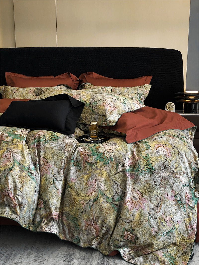 Parure de lit 4 pièces coton fibres longues imprimée - housse 200x230/220x240cm. - IVOIRART.COM