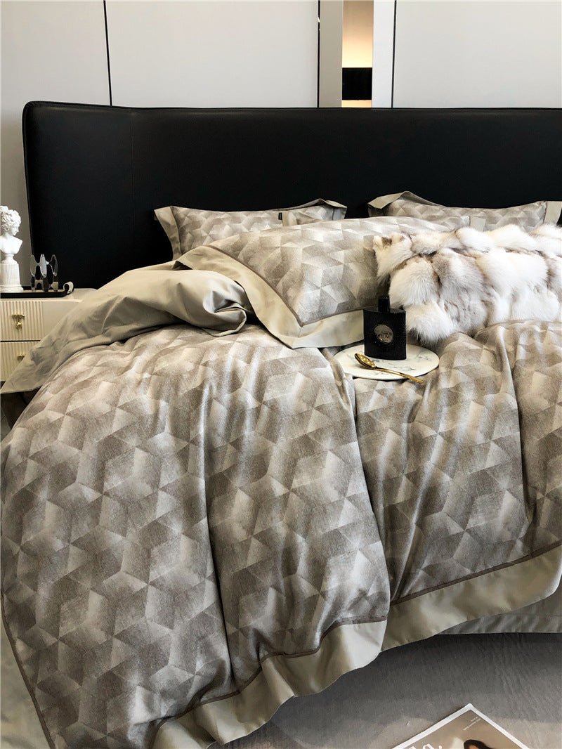 Parure de lit 4 pièces coton fibres longues imprimée - housse 200x230/220x240cm. - IVOIRART.COM