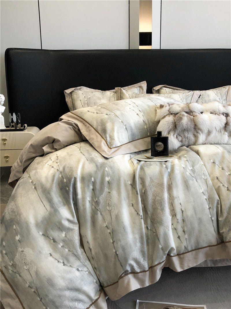 Parure de lit 4 pièces coton fibres longues imprimée - housse 200x230/220x240cm. - IVOIRART.COM