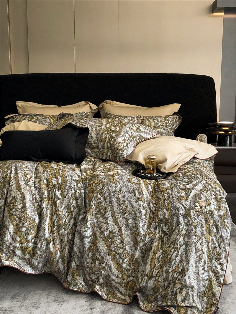 Parure de lit 4 pièces coton fibres longues imprimée - housse 200x230/220x240cm. - IVOIRART.COM