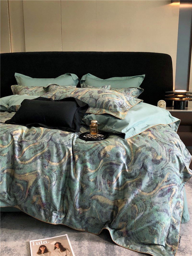 Parure de lit 4 pièces coton fibres longues imprimée - housse 200x230/220x240cm. - IVOIRART.COM