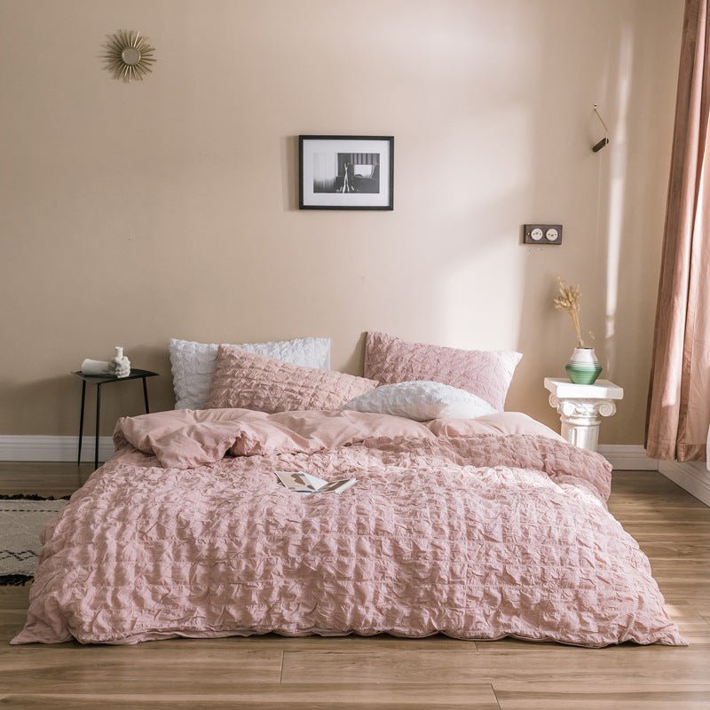 Parure de lit 4 pièces filles en coton seersucker motif coeur style coreen 1.5-2m - IVOIRART.COM