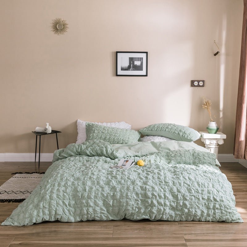 Parure de lit 4 pièces filles en coton seersucker motif coeur style coreen 1.5-2m - IVOIRART.COM