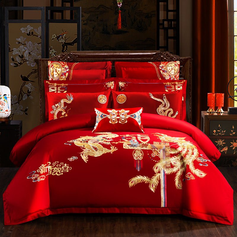 Parure de lit en coton brodé 4 pièces, motif fleurs, pour lit 1.8m, série mariage - IVOIRART.COM