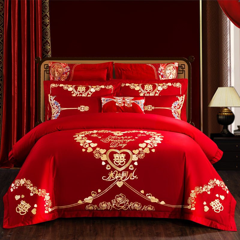 Parure de lit en coton brodé 4 pièces, motif fleurs, pour lit 1.8m, série mariage - IVOIRART.COM