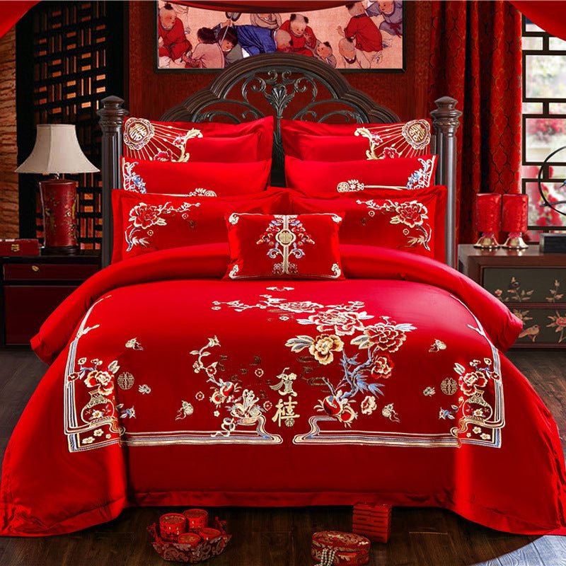 Parure de lit en coton brodé 4 pièces, motif fleurs, pour lit 1.8m, série mariage - IVOIRART.COM
