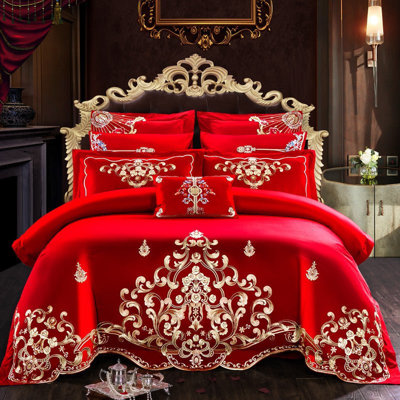 Parure de lit en coton brodé 4 pièces, motif fleurs, pour lit 1.8m, série mariage - IVOIRART.COM