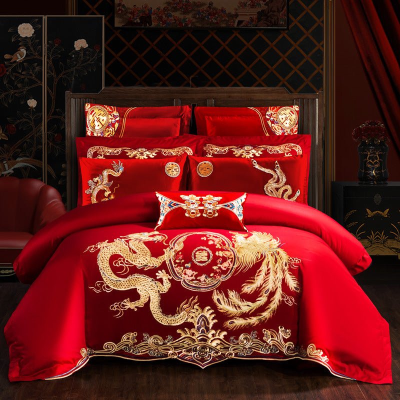 Parure de lit en coton brodé 4 pièces, motif fleurs, pour lit 1.8m, série mariage - IVOIRART.COM