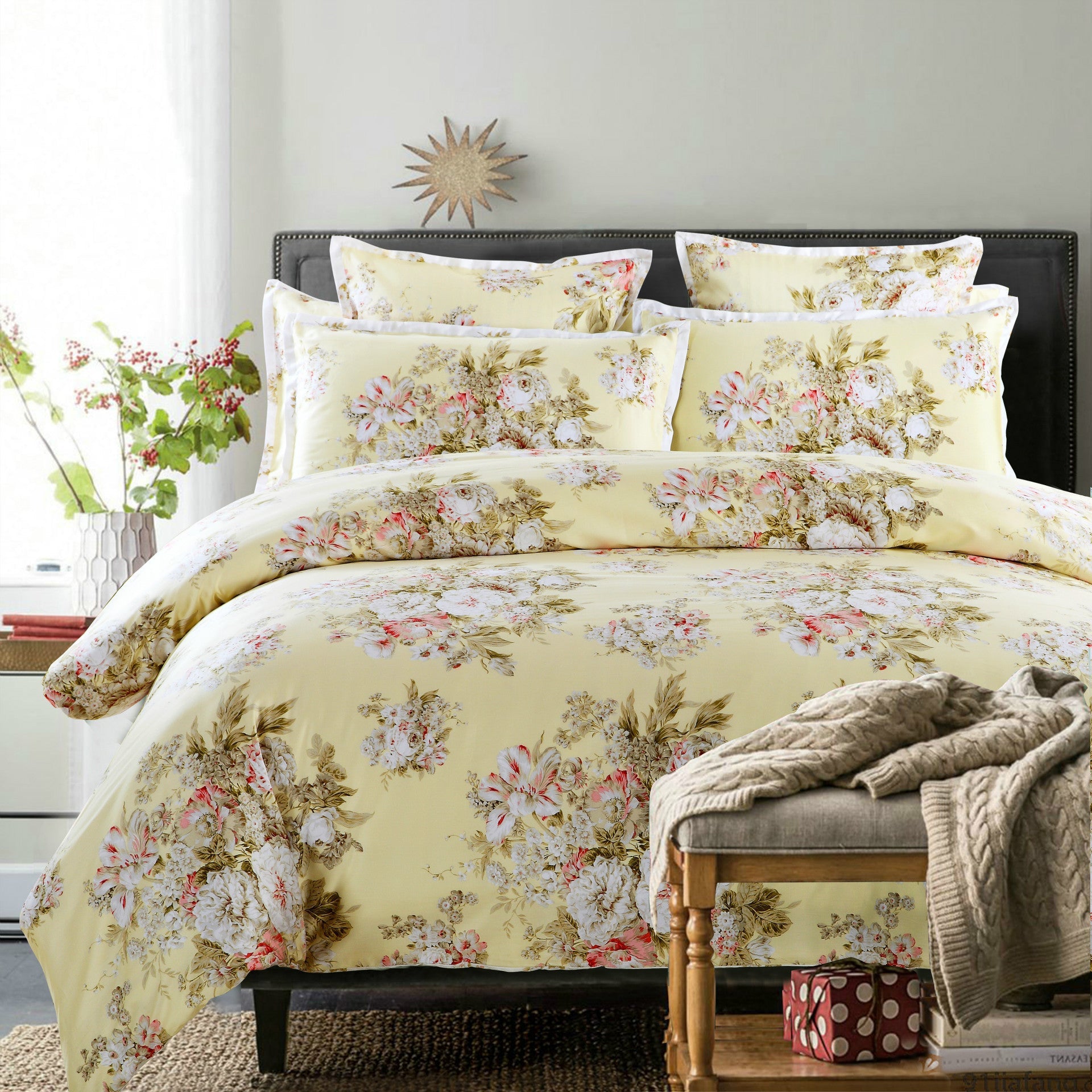 Parure de lit en coton pur 100% - tissage sergé, imprimé floral, doux et élégant - IVOIRART.COM