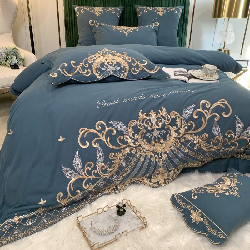 Parure de lit luxe européenne en coton et broderie de soie, 4 pièces haut de gamme - IVOIRART.COM