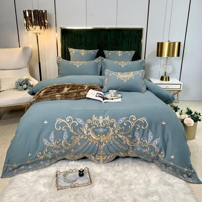 Parure de lit luxe européenne en coton et broderie de soie, 4 pièces haut de gamme - IVOIRART.COM