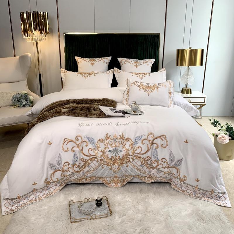 Parure de lit luxe européenne en coton et broderie de soie, 4 pièces haut de gamme - IVOIRART.COM