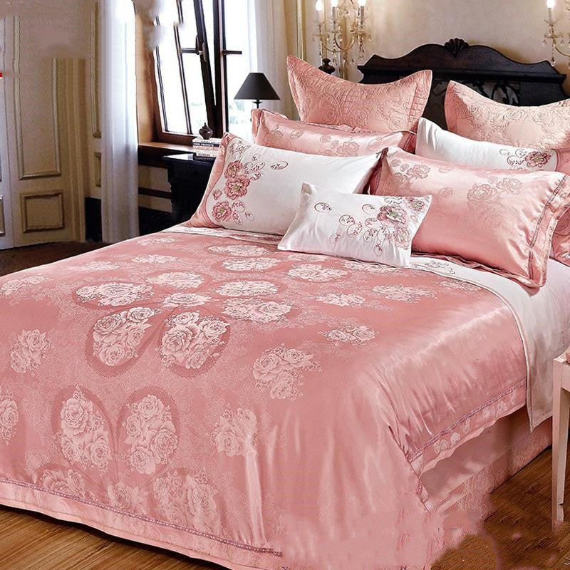 Parure de lit luxe Ice Silk Jacquard coton-lin européenne 4 pièces motif floral. - IVOIRART.COM