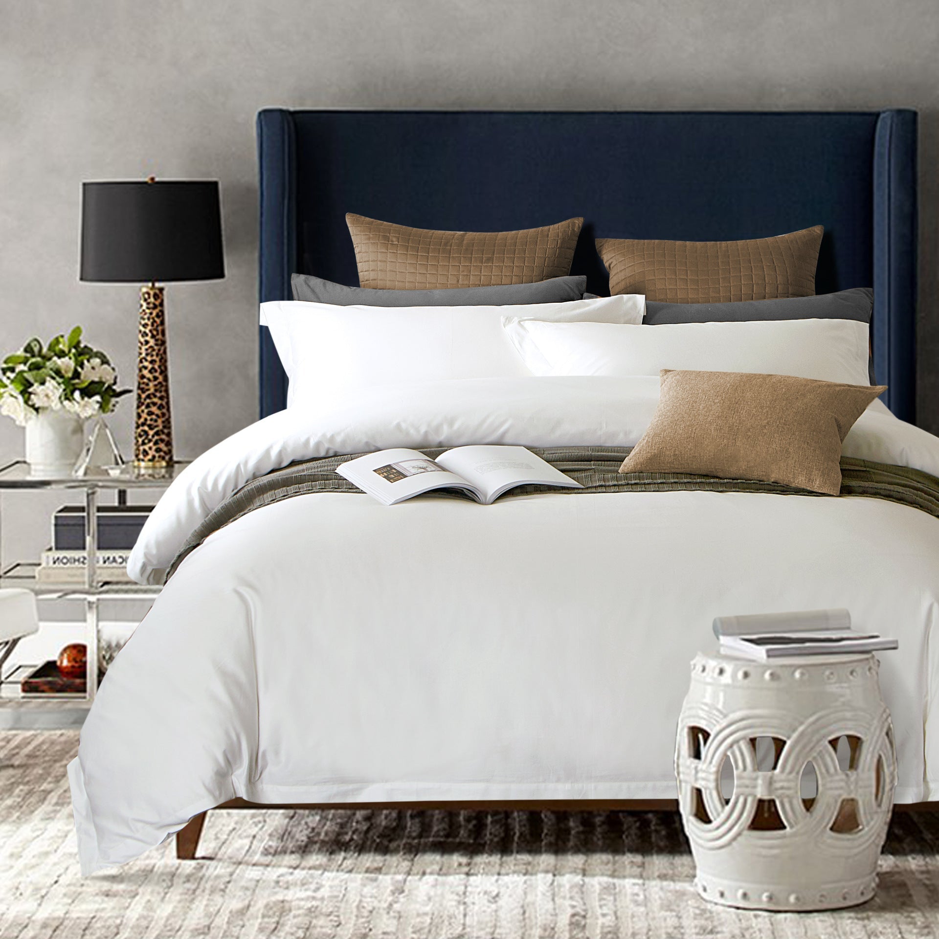 Parure de lit satin coton 4 pièces 100% coton tissé air-jet pour lit 1,8 m luxe! - IVOIRART.COM