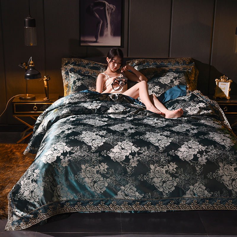 Parure de lit satin jacquard en soie glacée style européen trois ou quatre pièces tendance - IVOIRART.COM