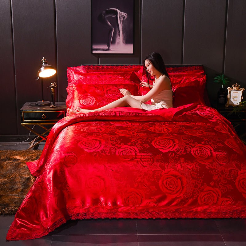 Parure de lit satin jacquard en soie glacée style européen trois ou quatre pièces tendance - IVOIRART.COM