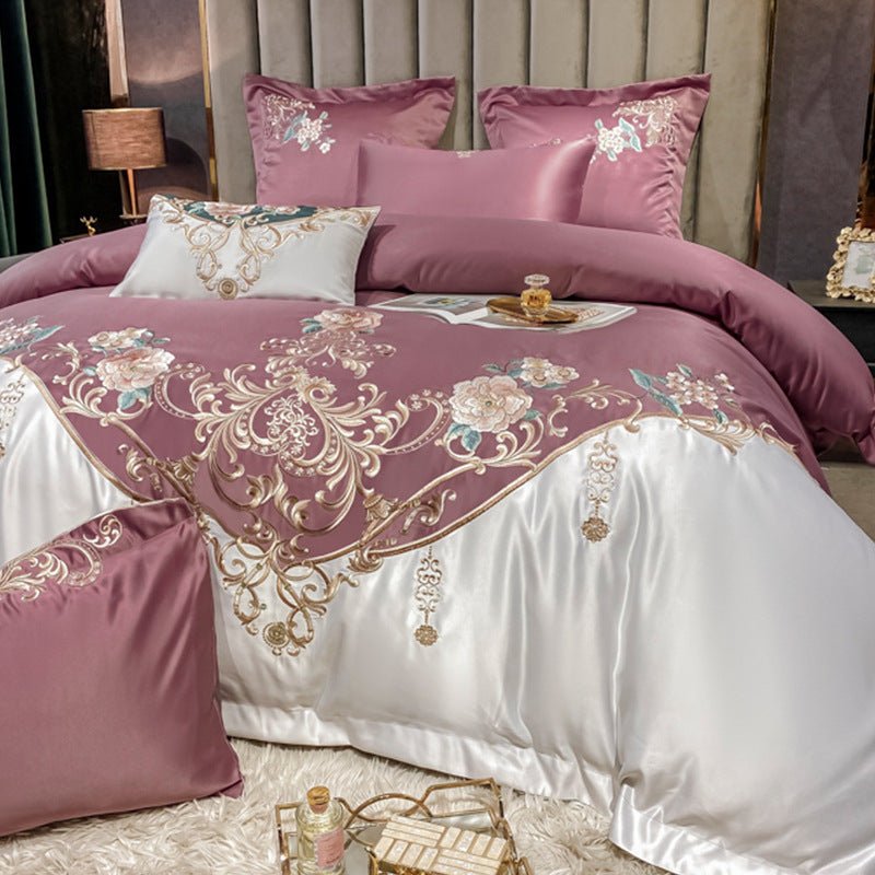 Parure de Literie de Luxe Quatre Pièces avec Broderie Fleur Champagne Européenne - IVOIRART.COM