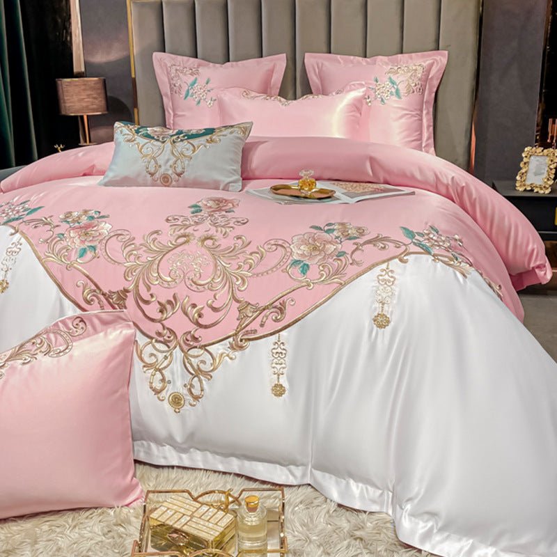Parure de Literie de Luxe Quatre Pièces avec Broderie Fleur Champagne Européenne - IVOIRART.COM