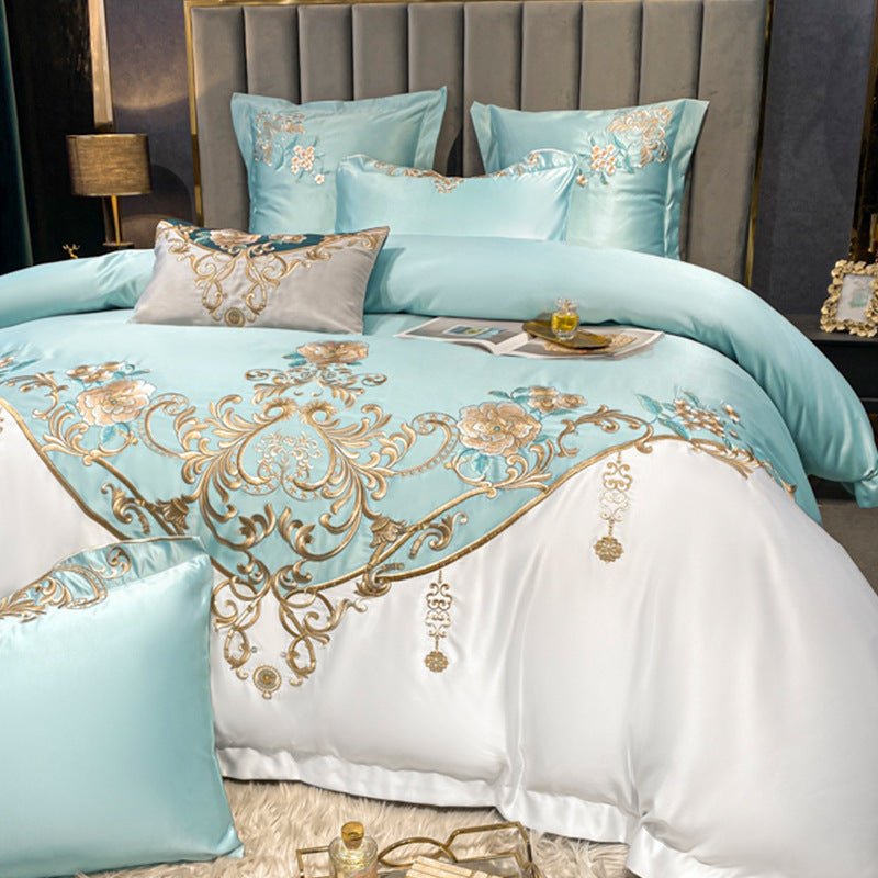 Parure de Literie de Luxe Quatre Pièces avec Broderie Fleur Champagne Européenne - IVOIRART.COM