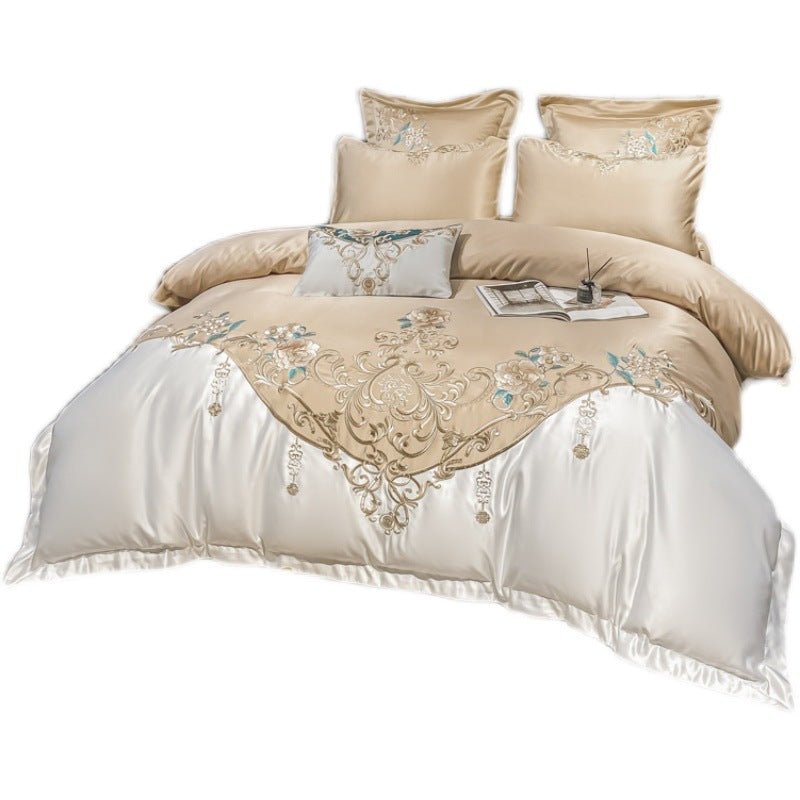 Parure de Literie de Luxe Quatre Pièces avec Broderie Fleur Champagne Européenne - IVOIRART.COM