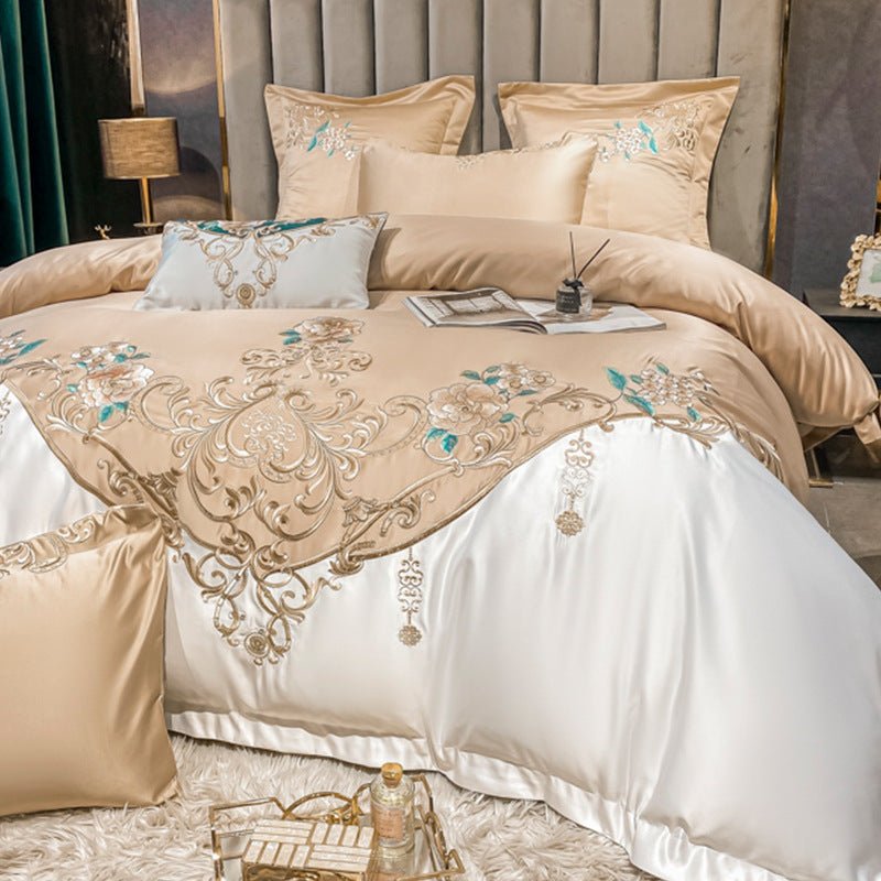 Parure de Literie de Luxe Quatre Pièces avec Broderie Fleur Champagne Européenne - IVOIRART.COM