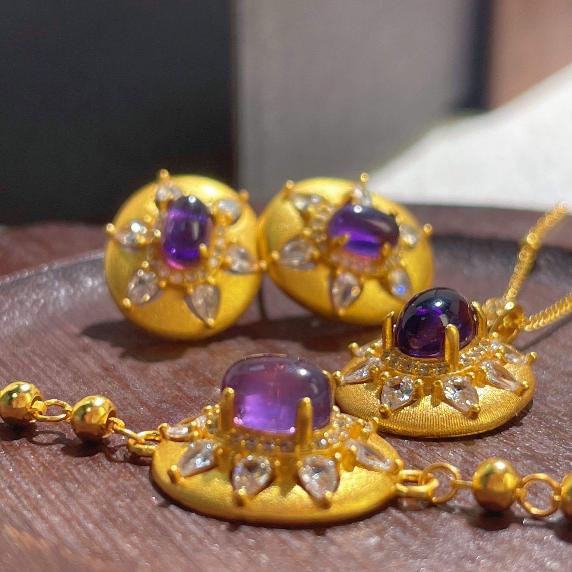 Parure élégante en argent sterling S925 avec tournesol français et améthyste - IVOIRART.COM