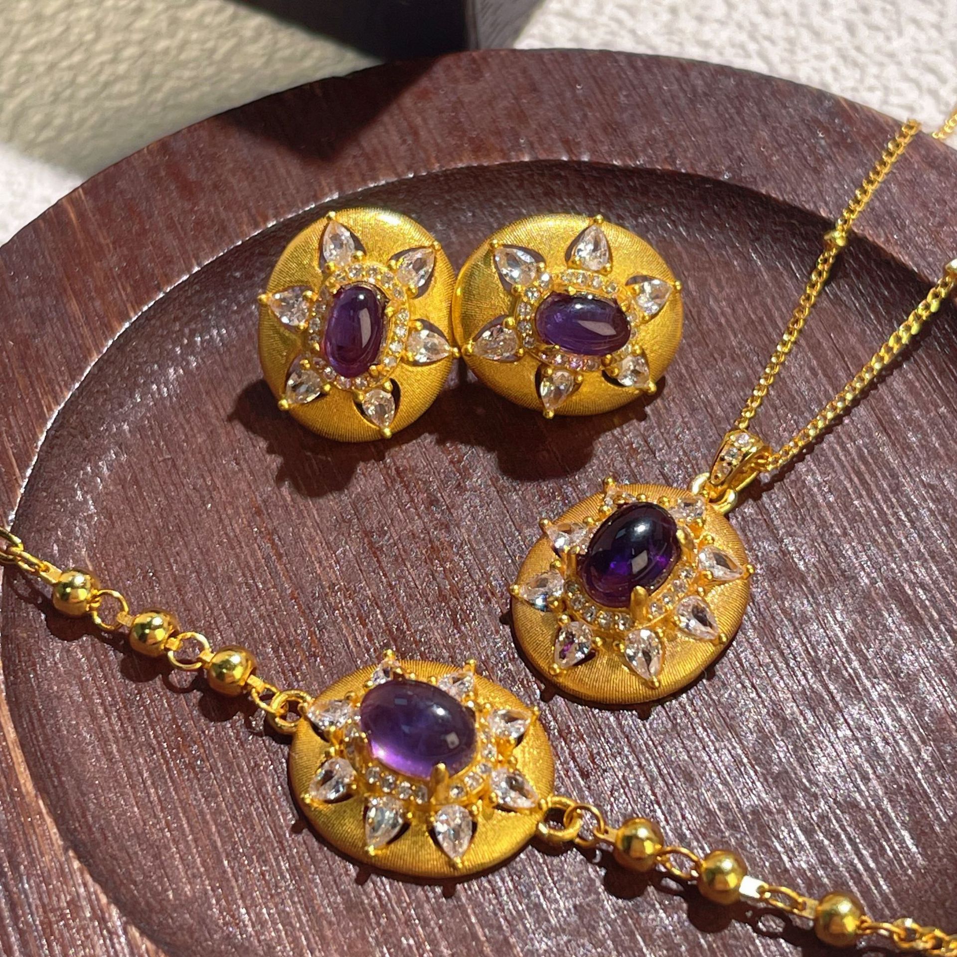 Parure élégante en argent sterling S925 avec tournesol français et améthyste - IVOIRART.COM
