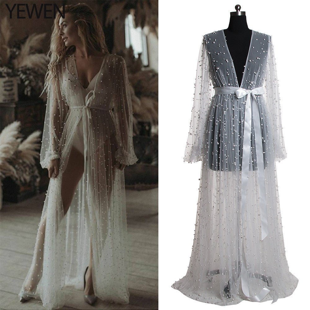 Pearl Mesh Pajamas Lace Dress Lingerie See-through Cape - IVOIRART.COM