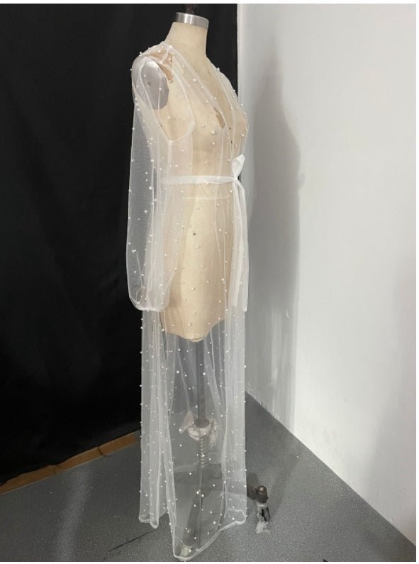 Pearl Mesh Pajamas Lace Dress Lingerie See-through Cape - IVOIRART.COM