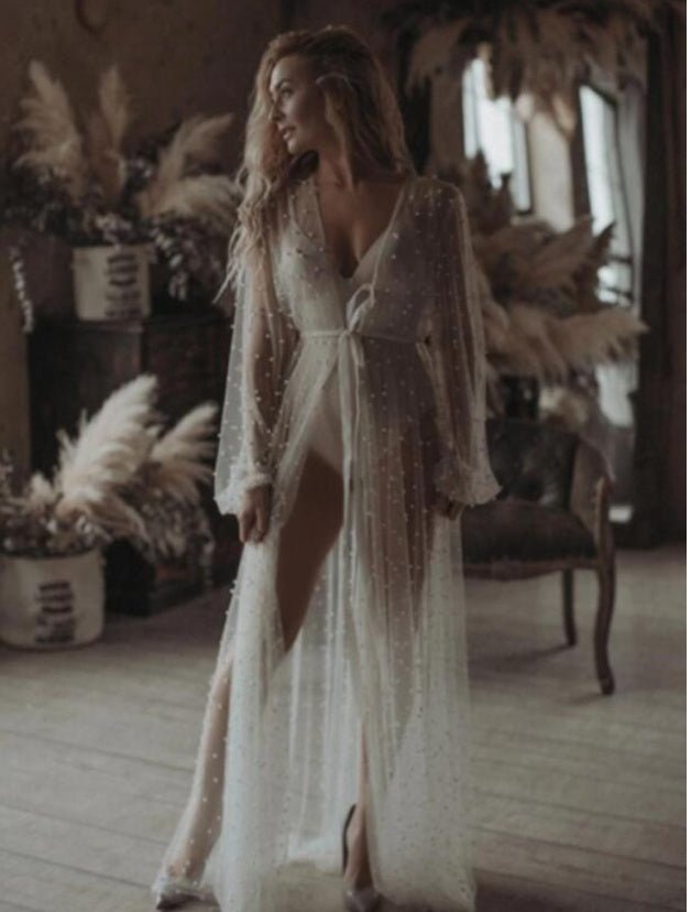 Pearl Mesh Pajamas Lace Dress Lingerie See-through Cape - IVOIRART.COM