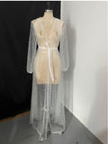 Pearl Mesh Pajamas Lace Dress Lingerie See-through Cape - IVOIRART.COM