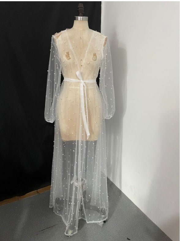 Pearl Mesh Pajamas Lace Dress Lingerie See-through Cape - IVOIRART.COM