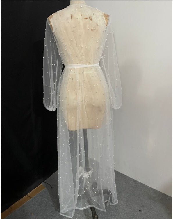 Pearl Mesh Pajamas Lace Dress Lingerie See-through Cape - IVOIRART.COM
