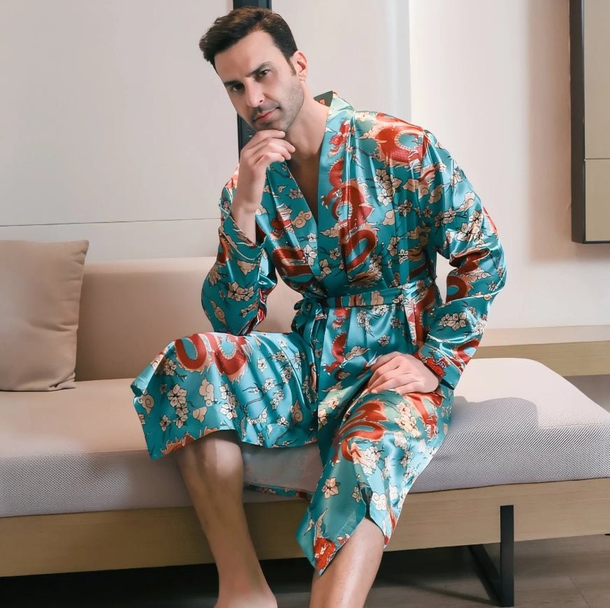 Peignoir été en soie glacée pour homme, manches longues, léger, style détente XL - IVOIRART.COM