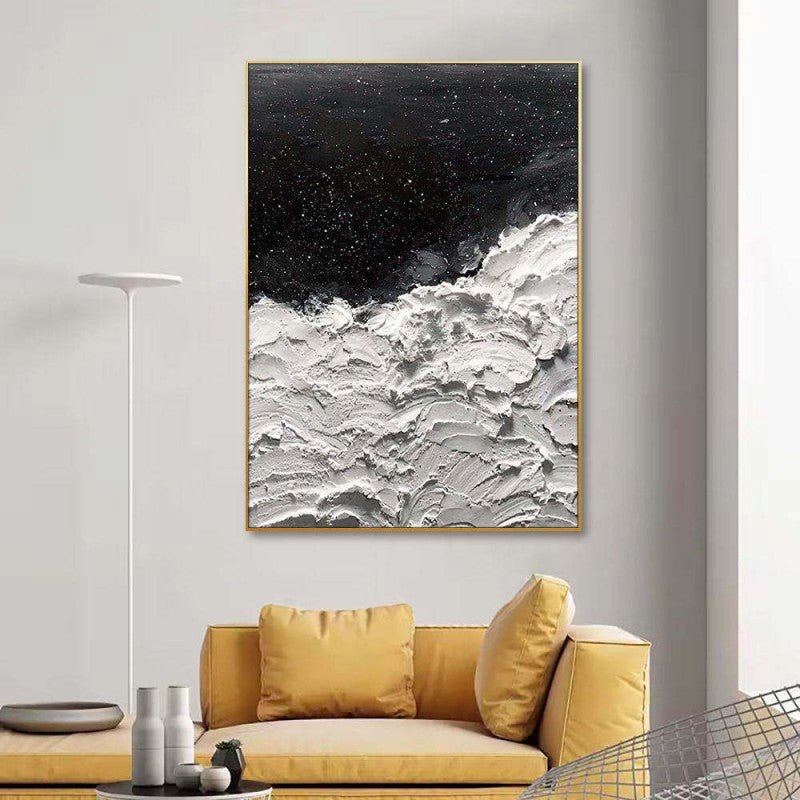 Peinture à l'huile abstraite épaisse faite main - Océans d'Étoiles Noir et Blanc - IVOIRART.COM