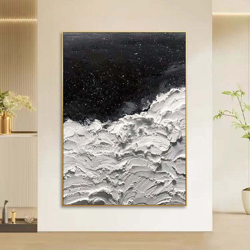 Peinture à l'huile abstraite épaisse faite main - Océans d'Étoiles Noir et Blanc - IVOIRART.COM