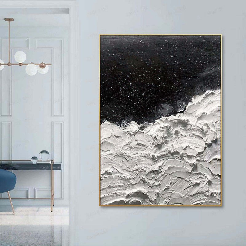 Peinture à l'huile abstraite épaisse faite main - Océans d'Étoiles Noir et Blanc - IVOIRART.COM