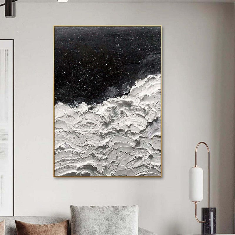 Peinture à l'huile abstraite épaisse faite main - Océans d'Étoiles Noir et Blanc - IVOIRART.COM