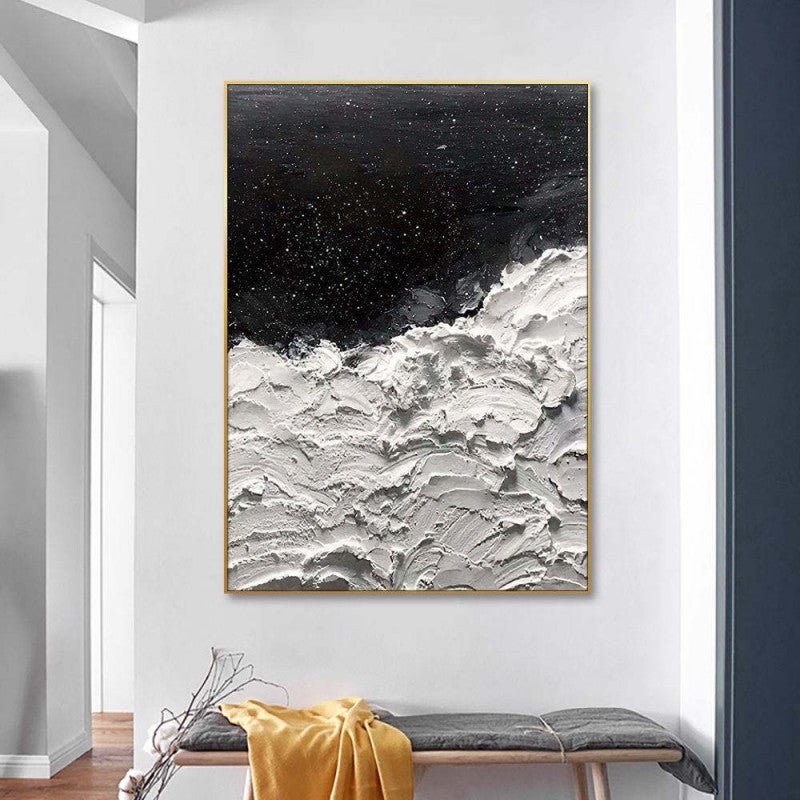 Peinture à l'huile abstraite épaisse faite main - Océans d'Étoiles Noir et Blanc - IVOIRART.COM