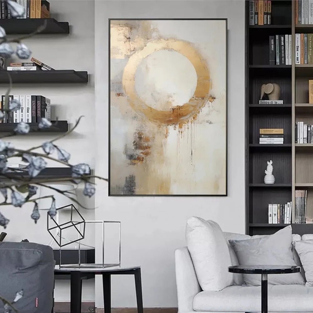 Peinture à l'huile abstraite faite main sur toile, cercle doré, déco murale mod. - IVOIRART.COM
