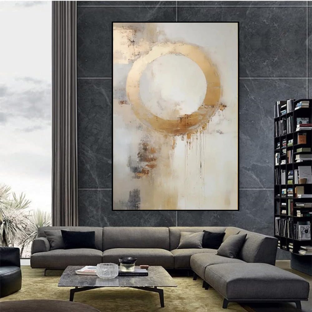 Peinture à l'huile abstraite faite main sur toile, cercle doré, déco murale mod. - IVOIRART.COM