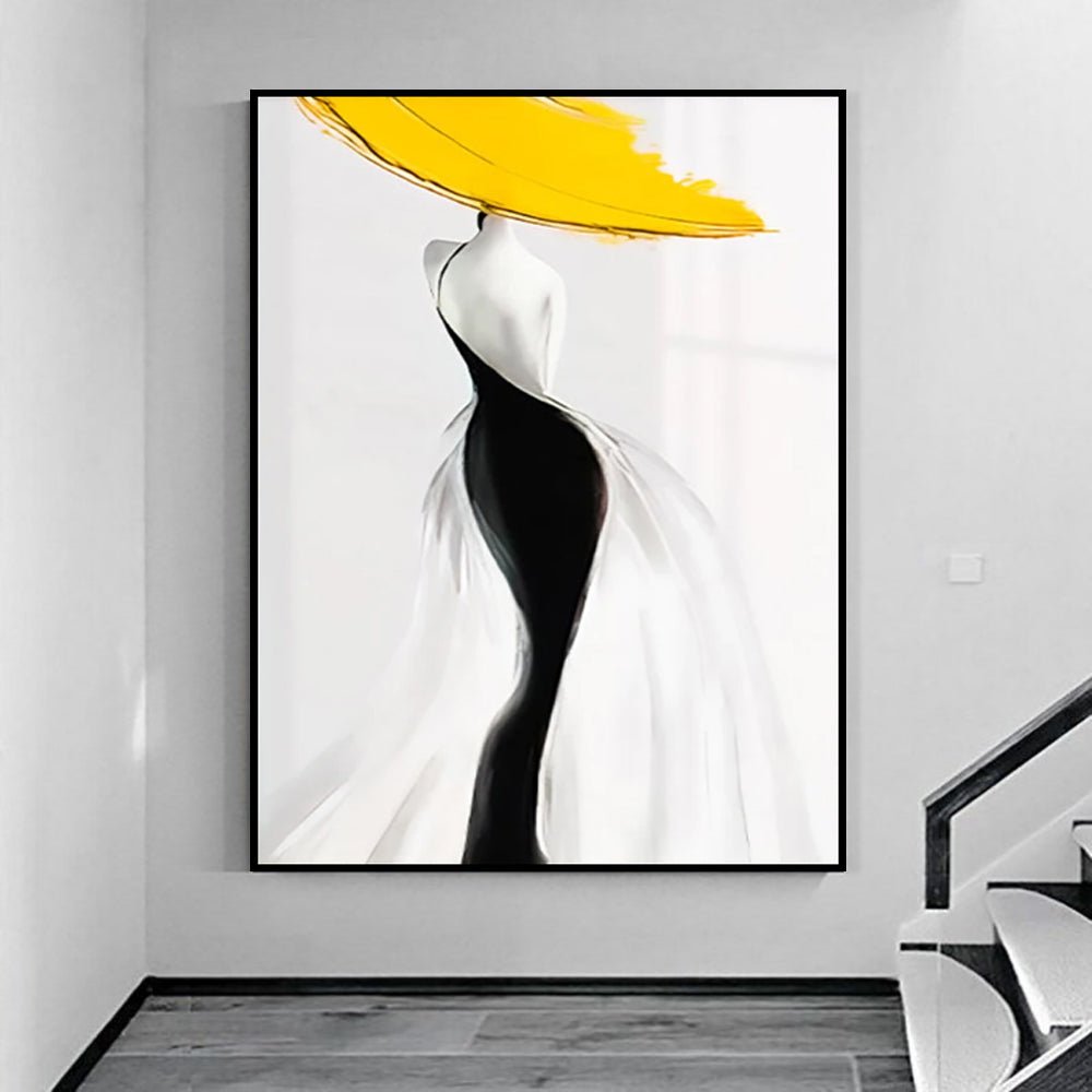 Peinture à l'huile abstraite femme moderne jaune - Toile artisanale nordique art - IVOIRART.COM