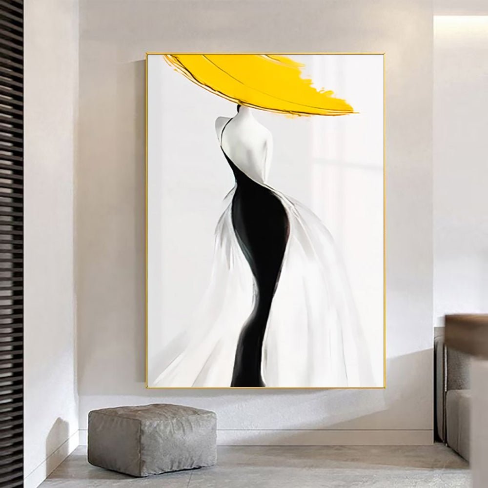 Peinture à l'huile abstraite femme moderne jaune - Toile artisanale nordique art - IVOIRART.COM